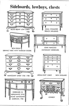 several different types of dressers and chests in black and white, with the words sideboards, lowboys, chestes