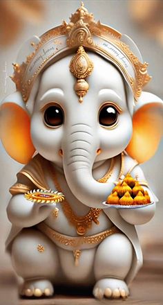 an adorable little elephant holding a plate with food on it's lap and wearing a gold headdress