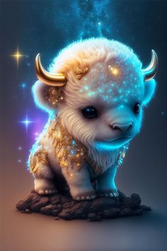 a digital painting of a bull with stars on it's head and horns, sitting on