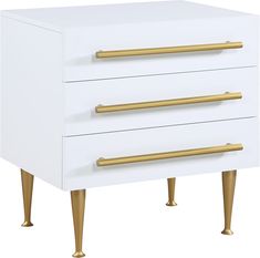 a white and gold chest of drawers with three brass handles on each drawer, against a white background