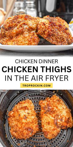 chicken thighs in the air fryer with text overlay