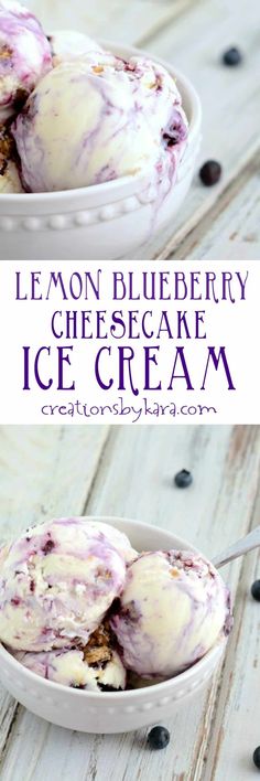 lemon blueberry cheesecake ice cream in a bowl