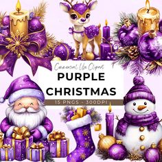 purple christmas clipart with snowman, reindeer, and other holiday items on it