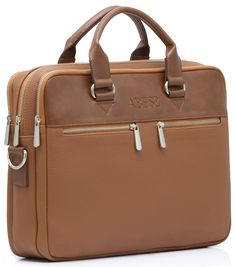 a brown leather briefcase with two zippers on the front and one has an external compartment