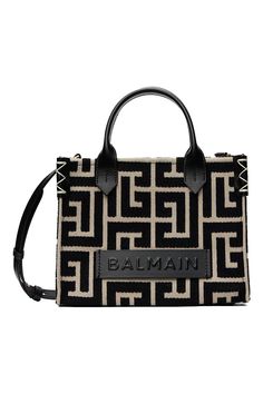 Balmain: Black & Beige B-Army Monogrammed Jacquard Bag | SSENSE Black Monogram Canvas Satchel With Top Handle, Beige Monogram Print Bag For Everyday Use, Designer Monogram Print Tote Bags, Monogram Print Top Handle Shoulder Bag For Daily Use, Daily Use Top Handle Shoulder Bag With Monogram Print, Black Monogram Canvas Top Handle Satchel, Designer Monogram Print Shoulder Bag For Shopping, Top Handle Shoulder Bag With Monogram Print For Shopping, Daily Use Bags With Monogram Print And Double Handle