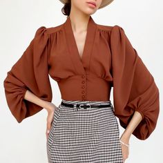 Lady Crop Tops Blouse V-neck Puff Sleeve Shirt Solid Color Elegant Retro Fashion | eBay Long Sleeve Fitted Dress, Button Shirts, White Shirt Blouse, Slim Fit Dress Shirts, Retro Mode, Fitted Dress Shirts, Slim Fit Dresses, Puff Sleeve Blouse, Crop Top Blouse