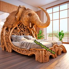 an elephant bed is made out of wood