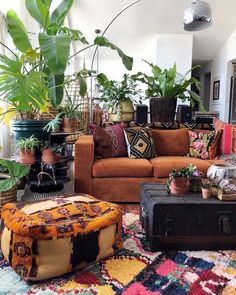 a living room with plants and rugs on the floor next to a fire place