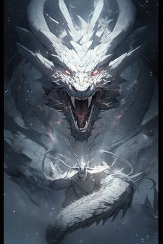 two dragon like creatures with their mouths open in front of the camera, one is white and