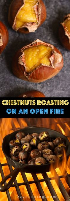 chestnuts roasting on an open fire with text overlay