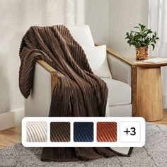 a living room scene with focus on the throw blanket and color options to choose from