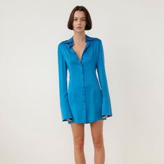 Brand New With Tag Retails For $408 Blue Long Sleeve Mini Dress For Daywear, Formal Blue Long Sleeve Shirt Dress, Blue Mini Dress For Daywear, Blue Fitted Mini Dress For Daywear, Fitted Blue Mini Dress For Daywear, Blue V-neck Shirt Dress For Brunch, Light Blue Fitted Long Sleeve Shirt Dress, Fitted Light Blue Long Sleeve Shirt Dress, Chic Blue Mini Shirt Dress