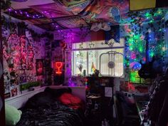 lights, maximalist bedroom, hippie room (?), alternative bedroom, idk Bedroom Redecorating Ideas, Trippy Rooms Bedrooms, Cluttercore Bedroom, Black Light Room, Hippie Room