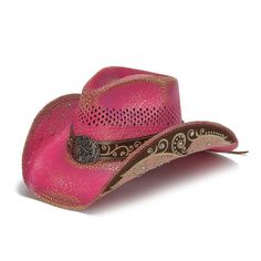 Unsure of what a Dropship item is? Click this link so you are fully informed prior to your purchase! Western style meets pink. The Stampede Hats Pink Flower Filigree Cowboy Hat is fashionable and dazzling. With swirls of detail, rhinestones, and floral statement buckle, this hat is a statement piece that will be sure to stand out from the crowd. Features: -100% Quality Genuine Panama Straw - Lightly Distressed Pink-Fashionably decorated under side brims with rhinestones and colored pattern-Vent holes in teardrop shape crown Womens Straw Cowboy Hat, Pink Cowboy Hat, Black Cowboy Hat, Black Cowboys, Outback Hat, Felt Cowboy Hats, Straw Cowboy Hat, Western Hats, Cowgirl Hats