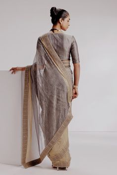 Grey saree featuring zari sequin embroidered floral border on a textured base. Comes with matching blouse and petticoat. - Aza Fashions Eid Party Saree In Slub Silk, Eid Party Slub Silk Saree, Luxury Semi-stitched Pre-draped Saree With Tilla, Elegant Slub Silk Lehenga With Sheer Dupatta, Festive Slub Silk Saree For Party, Chanderi Traditional Wear For Reception With Self Design, Semi-stitched Slub Silk Party Saree, Slub Silk Saree With Cutdana For Party, Cotton Silk Sharara With Zari Work For Reception