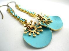 Turquoise Earrings Wavy Enameld Discs Brass by ChelseaGirlDesigns, $23.00 Turquoise Soldered Brass Earrings, Soldered Turquoise Brass Earrings, Blue Metal Jewelry With Patina, Earrings Hanging, Southwestern Boho, Rhinestone Chain, Handmade Wire Wrapped, Western Jewelry, Turquoise Earrings