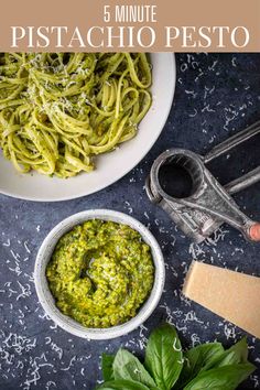 A bowl of pistachio peso surrounded by a bowl of pasta, a parmesan grater and parmesan cheese. Pistachio Pesto Recipe, Quick Pasta Dishes, Pistachio Pesto, Chicken Gnocchi, Easy Pasta Dinner, Quick Pasta, Easy Pasta Dishes, Pasta Pizza