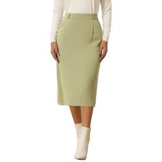 PRODUCT DETAILS: STYLE - Keep your look professional and stylish in this pencil skirt from Hobemty, featuring a high waist, side pockets and split back. This skirt is designed for the modern woman who wants to look elegant and sophisticated in her work environment. The high waist design accentuates your natural curves, while the split back adds a touch of flavour. OUTIFT - Pair with solid shirts and high heels for a elegant office look. This versatile skirt can be dressed up or down, making it p Fitted Midi-length Bottoms For Office, Green Midi Length Workwear Bottoms, Elegant Workwear Skirt Solid Color, Elegant Workwear Solid Color Skirt, Elegant Workwear Skirt In Solid Color, Fitted Midi Length Workwear Bottoms, Tailored Lined Pencil Skirt For Office, Fitted Midi Length Bottoms For Workwear, Elegant Solid Color Workwear Skirt