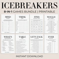 printable icebreakerrs 8 - in - 1 games bundle / printable game