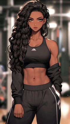 a woman with long hair wearing black sports bra top and grey sweatpants standing in a gym