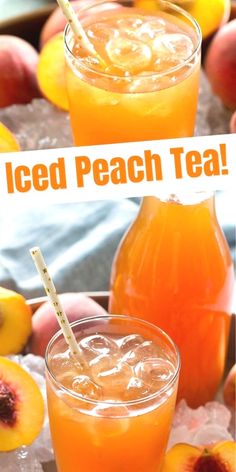 two glasses filled with iced peach tea on top of ice next to sliced peaches