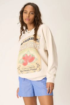 Almost as good as a trip to the farmer's market.The Strawberries Oversized Sweatshirt features our signature fleece sweatshirt with drop shoulders and an overall relaxed fit. The graphic is intentionally faded, meant to look like a vintage find from your favorite fruit vendor. Pair with a trendy boxer short to go support your local farmers. WE ONLY OFFER STORE CREDIT FOR RETURNS! Feel free to email us at hello@shopmaude.com regarding sizing, fit, or our return policy. Oversized Retro Sweatshirt For Spring, Retro Oversized Sweatshirt For Spring, Oversized Acid Wash Sweatshirt For Spring, Retro Soft-washed Relaxed Fit Sweatshirt, Faded Casual Sweatshirt For Spring, Casual Faded Sweatshirt For Spring, Vintage Oversized Sweatshirt With Graphic Print, Faded Vintage Sweatshirt With Relaxed Fit, Vintage Oversized Graphic Sweatshirt