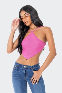 PRODUCT INFO Halter Top Soft knitted fabric Adjustable halter neckline Knitted straps Open-back design Rayon Model wears size XS/S Model height is 5'7 Item care: Hand wash Pink Knit Top, Trending Tops, Backyard Kids, Oversized Tops, Open Back Top, Backless Top, Pink Knit, Club Night, Halter Crop Top