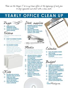 an office cleaning checklist with the words, yearly office clean up on it