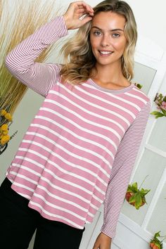 STRIPE JERSEY MIXED ROUND NECK LONG SLEEVE TOP Style: Casual Print / Pattern: Stripe Fit: Regular Neck Line: Round Neck Sleeve: Long Sleeve Lining: No Made In: Made In U.S.AFabric Contents: 95% Rayon 5% SpandexNon-sheer fabricCare Instructions: Machine wash cold, Do not bleachSize Measurement (inch): S: 36.0-38.0 (Bust), null (Waist), null (Hips), null (Length) M: 38.0-40.0 (Bust), null (Waist), null (Hips), null (Length) L: 40.0-42.0 (Bust), null (Waist), null (Hips), null (Length) Casual Striped Long Sleeve Top For Fall, Spring Striped Tops With Shirttail Hem, Striped Tops For Layering In Fall, Trendy Long Sleeve Top For Spring Layering, Trendy Tops With Shirttail Hem For Fall, Trendy Shirttail Hem Tops For Fall, Casual Striped Long Sleeve Top For Spring, Casual Pink Stretch Long Sleeve Top, Casual Long Sleeve Top With Shirttail Hem For Layering