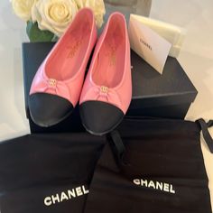 Authentic Chanel Women’s Ballerina Flats - Size 37 (7b) Worn Once, Brand New Condition, Slight Scuffs On Bottom Soles Lilac/Pink With Black Gross Grain Toe Box With Bow & Cc Pearl Accent Smoke Free Pet Free Odor Free Luxury Spring Ballet Flats For Galas, Luxury Spring Gala Ballet Flats, Designer Ballet Flats For Spring Evening, Designer Spring Ballet Flats For Evening, Formal Pink Leather Ballet Flats, Pink Leather Ballet Flats For Formal Occasions, Feminine Pink Ballet Flats, Chic Pink Ballet Flats For Evening, Pink Elegant Ballet Flats For Formal Occasions