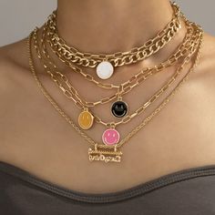 These Come As A Set Three Pieces They Are Not Connected The Piece That Says Everything, The Smiley Face, And The Chain! Smiley Face Necklace, Multiple Necklaces, New Personality, Ladies Necklace, Face Necklace, Rings Jewelry Fashion, Stylish Necklace, Flower Hair Accessories, Necklace Fashion