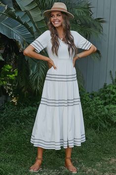 White Half Sleeves V-neck Embroidery Polyester Maxi Dress - Dresses - Petallush Missionary Dresses, Modest Dressing, Modest Summer Dresses, Sale Clothing, Fall Clothing, Half Sleeve Dresses, Comfy Dresses, Cotton Midi Dress, Clothing Inspiration