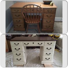 two pictures of an old desk with drawers and a chair next to it, both showing the same paint job