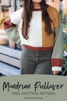 a woman wearing a hat and sweater with the text free knitting pattern mountain pullover size xs to 4x