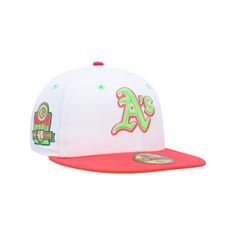 Upgrade your headwear game by grabbing this Oakland Athletics 40th Anniversary Strawberry Lolli 59FIFTY Fitted Hat from New Era. Highlighting your loyalty to the team will be super easy thanks to the distinctive Oakland Athletics graphics embroidered on the crown.Upgrade your headwear game by grabbing this Oakland Athletics 40th Anniversary Strawberry Lolli 59FIFTY Fitted Hat from New Era. Highlighting your loyalty to the team will be super easy thanks to the distinctive Oakland Athletics graphi Retro Fitted Cap For Fan Gear, Retro Game Day Cap, Retro Cap For Game Day, Retro Fitted Hat With Curved Brim For Sports Events, Retro Fitted Hat With Flat Bill For Fans, Retro Curved Brim Fitted Hat For Sports Events, White Retro Snapback Hat With Curved Brim, White Flat Brim Baseball Cap Fan Merchandise, Throwback White Snapback Hat