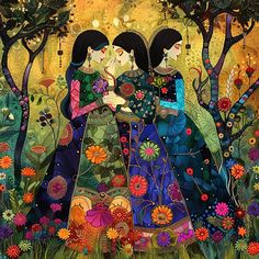 two women are standing in the woods surrounded by flowers