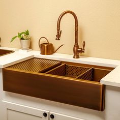 a kitchen sink with a copper faucet next to it and a potted plant