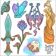 an image of some art work that is in color and black and white with the words swamp queen art on it