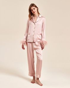 pink color Autumn Detachable Ostrich Feather Ice Silk Pajama Silk Pj Set, Linen Nightgown, Silk Clothes, Silk Pajama, Home Clothes, Silk Set, Silk Pajama Set, Silk Lingerie, Cute Pajamas