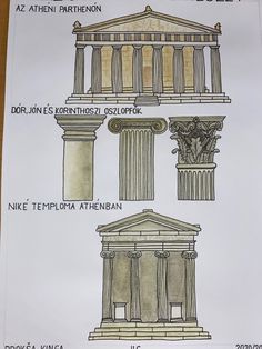 three different types of architecture on a piece of paper with words written in english and greek