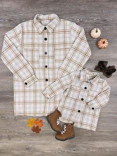 Mom and Me - Cream & Tan Plaid Shacket - Sydney So Sweet Fall Cotton Shacket, Cotton Shacket For Fall, Collared Cotton Shacket For Fall, Collared Beige Shacket For Winter, Beige Collared Shacket For Winter, Fall Cream Outerwear With Button Closure, Cozy Beige Shacket For Winter, Casual Beige Shacket For Winter, Winter Beige Shacket With Long Sleeves