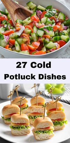 two pictures with different types of food on them and the words 27 cold potluck dishes