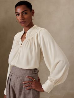 Smocked-Neck Blouse | Banana Republic Factory Elegant Blouse With Band Neckline For Work, Long Sleeve Smocked Top For Work, Workwear Tops With Smocked Bishop Sleeves, Chic Long Sleeve Smocked Top For Work, Elegant Long Sleeve Smocked Top For Fall, Chic Smocked Bodice Tops For Work, Chic Smocked Top For Work, Long Sleeve Smocked Top For Workwear, Chic Tops With Smocked Bodice For Work