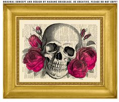 a skull with roses on top of it in a black and white framed frame, against an old book page