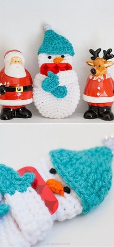 crocheted christmas gift card holder with santa and snowman on the front, and an ornament in the back