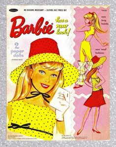 an advertisement for barbie dolls with a woman in a yellow dress and red polka dot hat