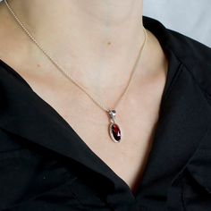 Garnet Pendant on model Bad Energy, Garnet Necklace, Garnet Gemstone, Red Garnet, Chain Pendants, Deep Red, Silver Pendant, Garnet, Pearl Necklace