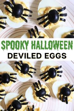 Halloween Spider Deviled Eggs: text "spooky halloween deviled eggs" and two photos of eggs that look like spiders thanks to black olives Spider Deviled Eggs, Halloween Deviled Eggs, Halloween Appetizers Easy, Halloween Party Appetizers, Gluten Free Puff Pastry, Best Deviled Eggs, Deviled Eggs Classic, Snack Prep, Halloween Appetizers