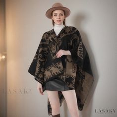 Lasaky - Elephant Patterned Travel Shawl Cape for Warmth and Style Cape For Women, Short Blouses, Elephant Pattern, Sleeveless Vest, Black And White Colour, Knitted Tank Top, Knit Tanks, Ladies Tops Fashion, Asymmetric Hem