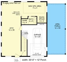 the floor plan for a garage with 3 car spaces and an upstairs living room area